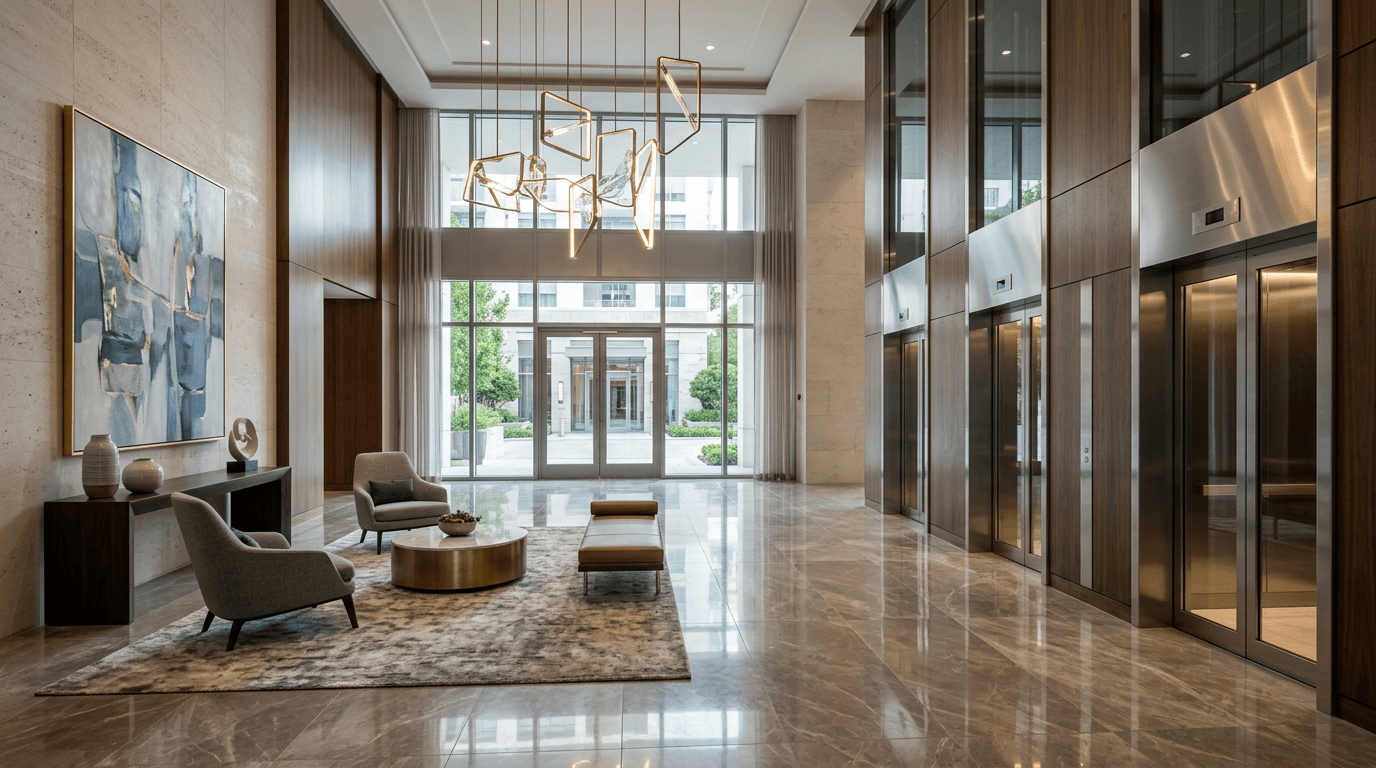 Refined condominium lobby with marble floors and contemporary lighting