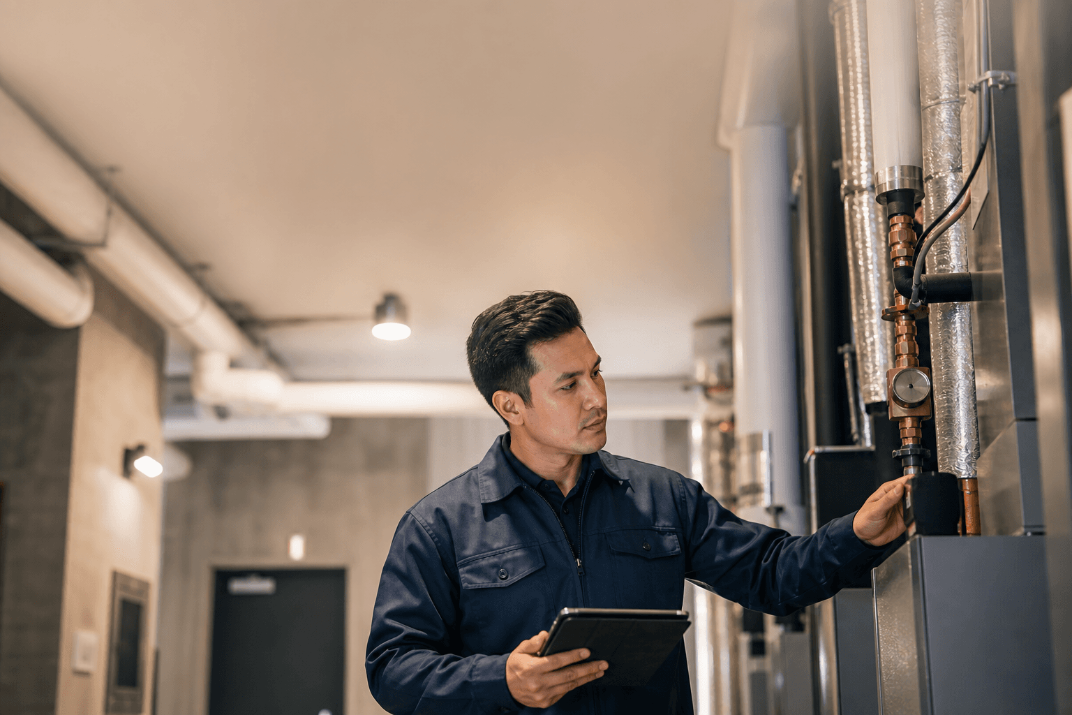Building maintenance technician reviewing equipment in a condominium service area
