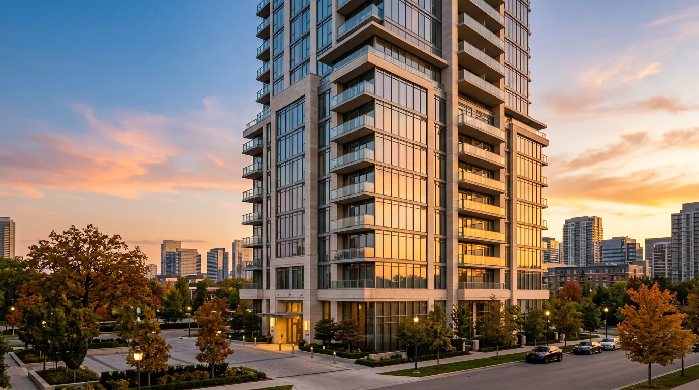 Modern glass condominium tower at dusk with warm reflected light